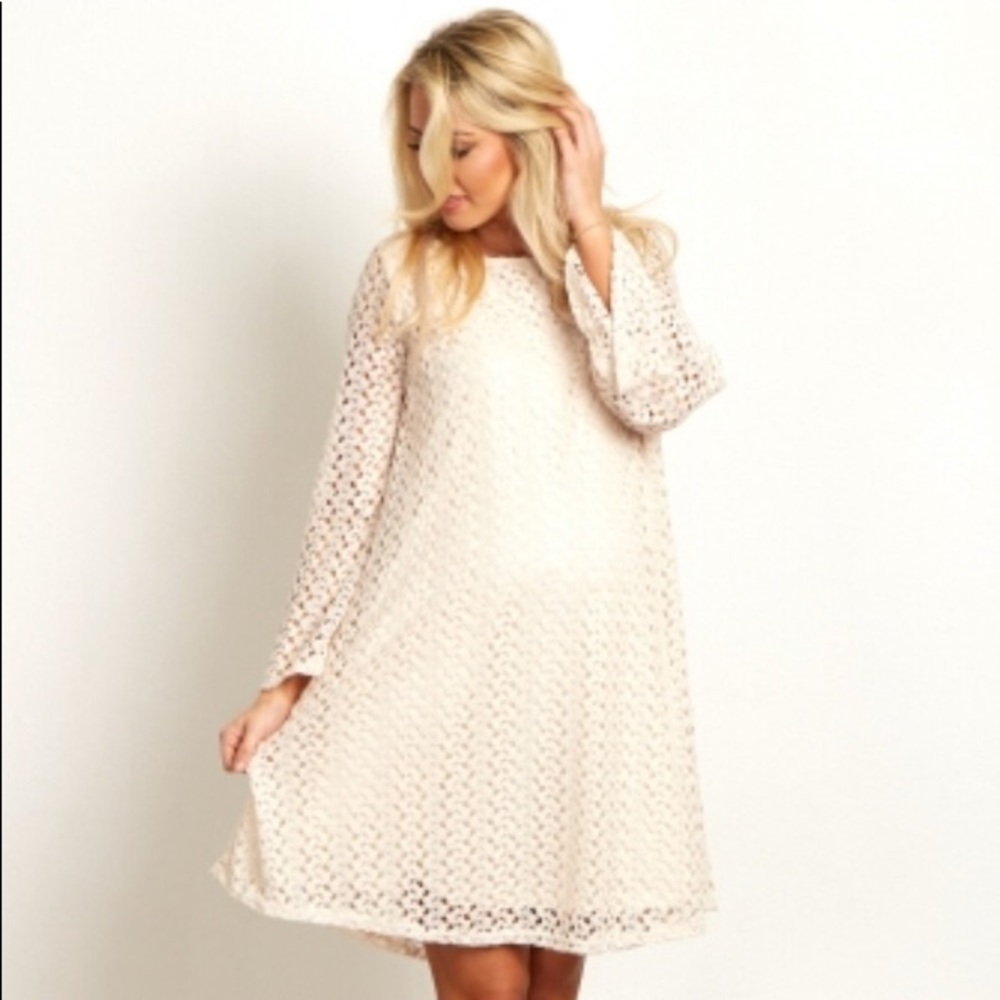 Maternity - Beige Lace Bell Sleeve Dress